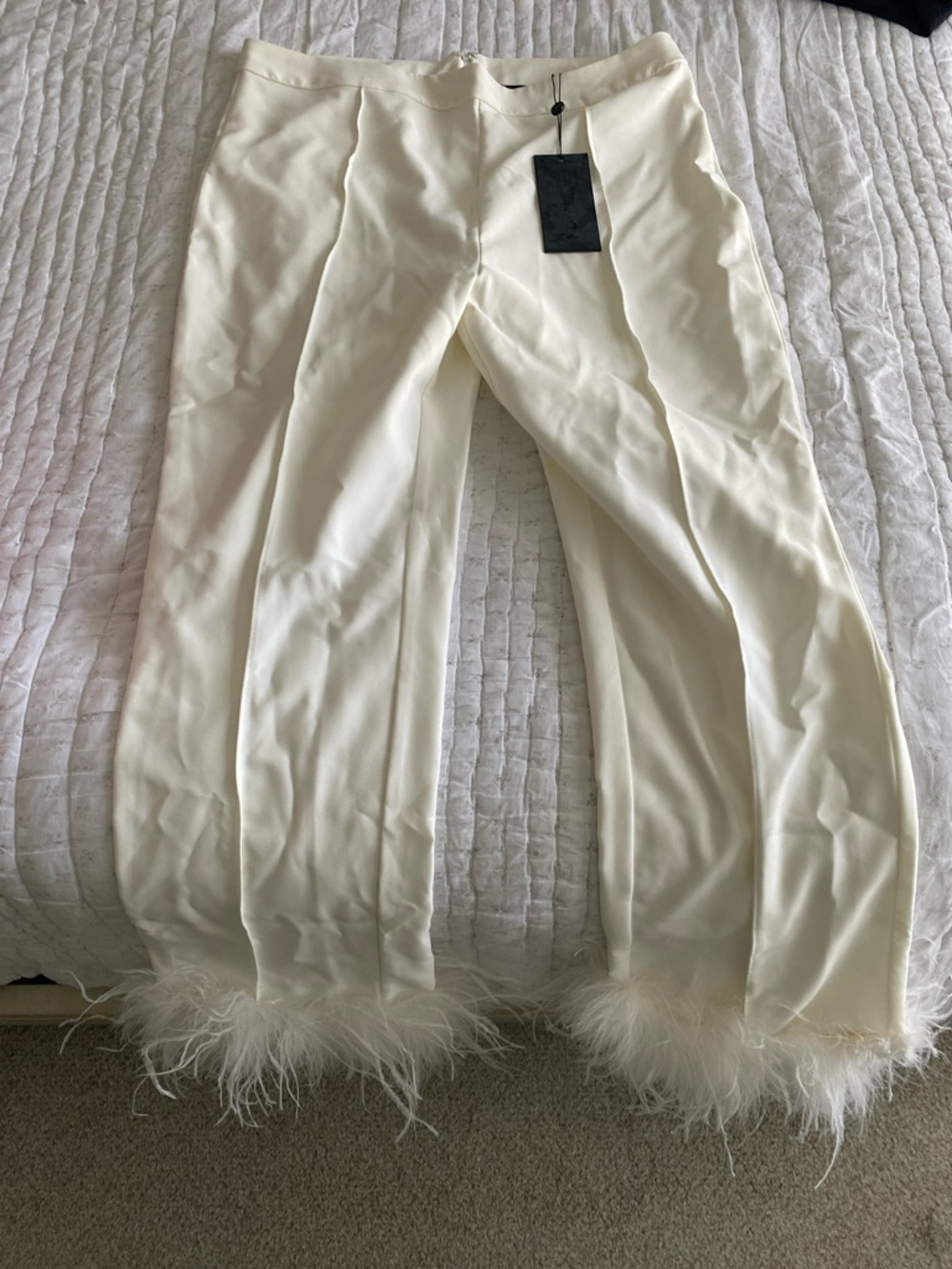 Fashion Nova Cream Feather Trim Wide-Leg Pants